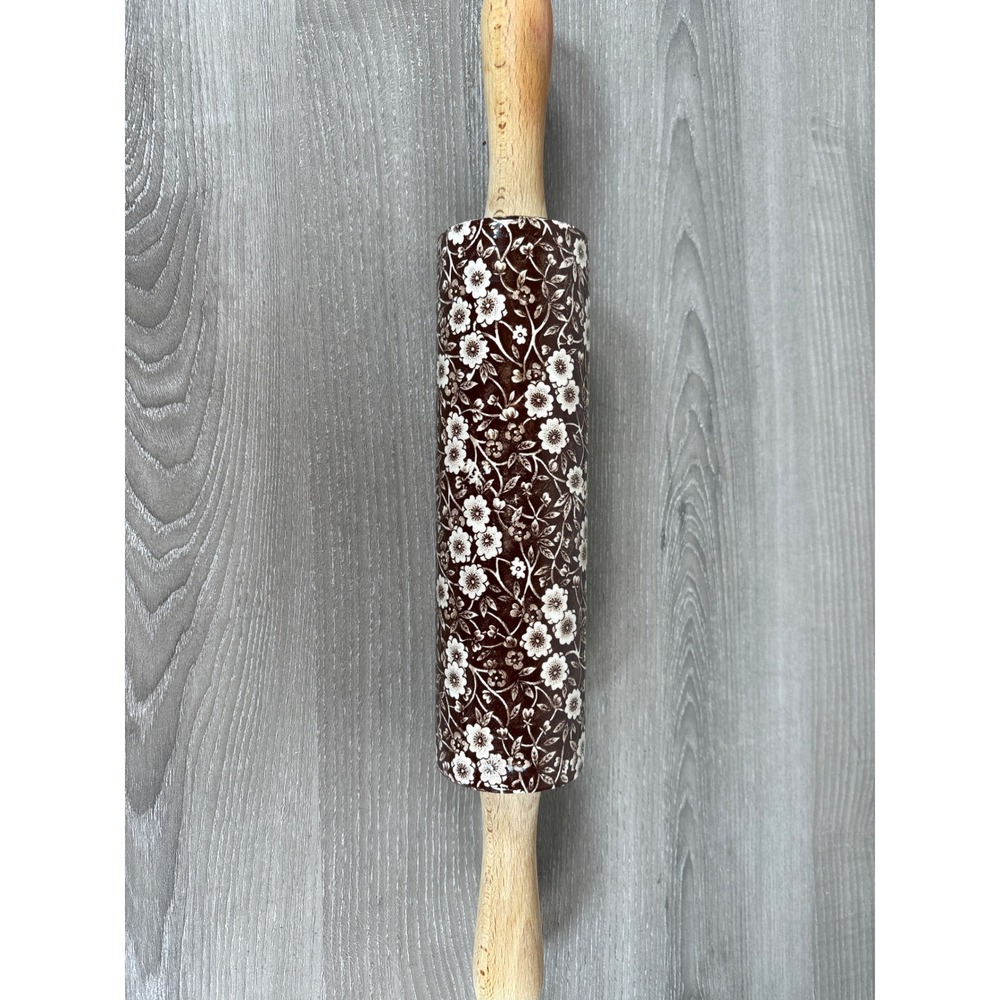 Vintage‎ Brown Transferware Calico Rolling Pin Staffordshire Chintz Floral